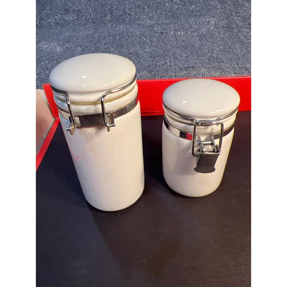 Oggi White Ceramic Canister Set of 2 Airtight Locking Metal Bail Jars Minimalist
